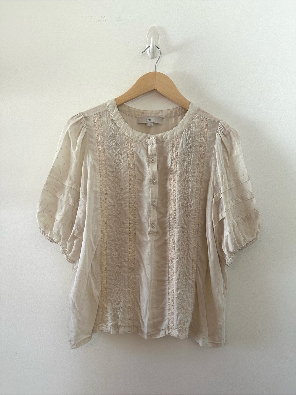 LOFT Ivory Embroidered Puff-Sleeve Blouse